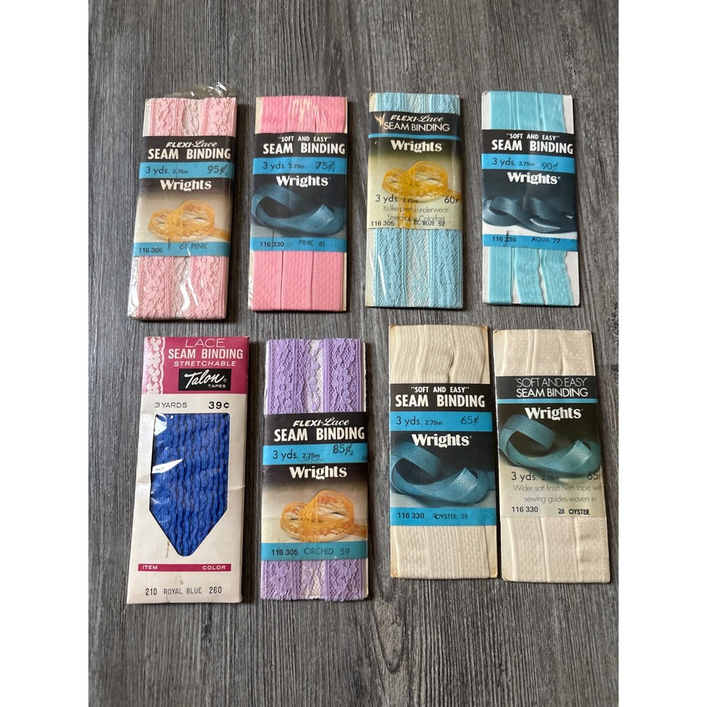 Vintage Wrights Talon Seam Binding Lace Trim Lot 8 Pink Blue Orchid Oyster 3yd